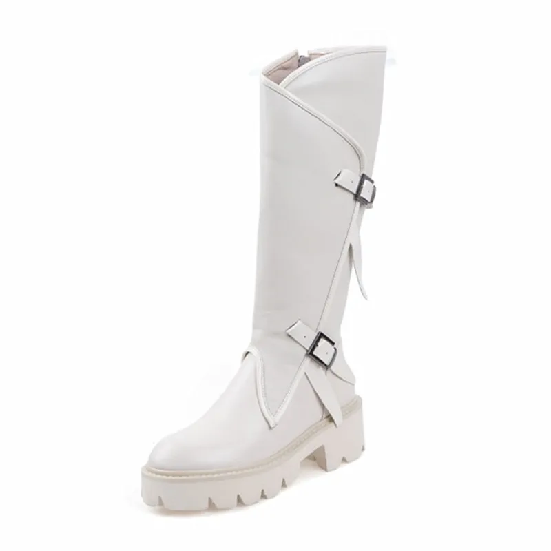 white leather inside Сапоги на толстой платформе; Нескользящие сапоги из натуральной кожи; женские зимние сапоги до колена; стильная женская зимняя обувь в стиле панк; Цвет Черный - Цвет: white leather inside