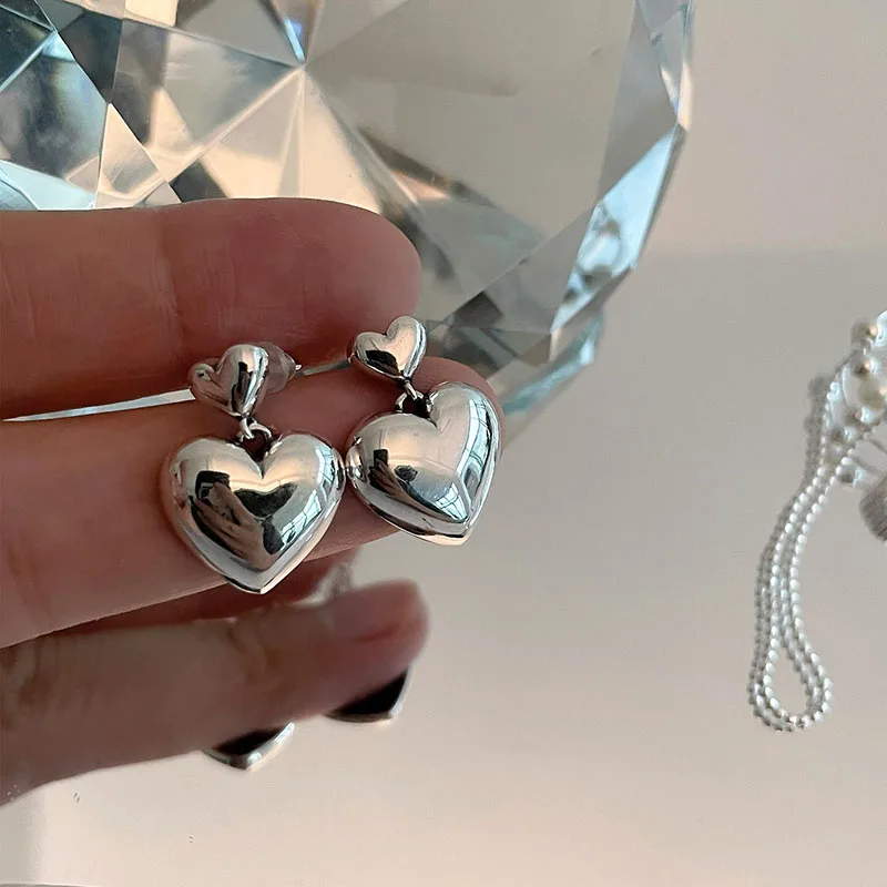 FOXANRY Prevent Allergy Silver Color Stud Earrings For Women Summer Trendy Vintage Sweet LOVE Heart Pendant Party Jewelry