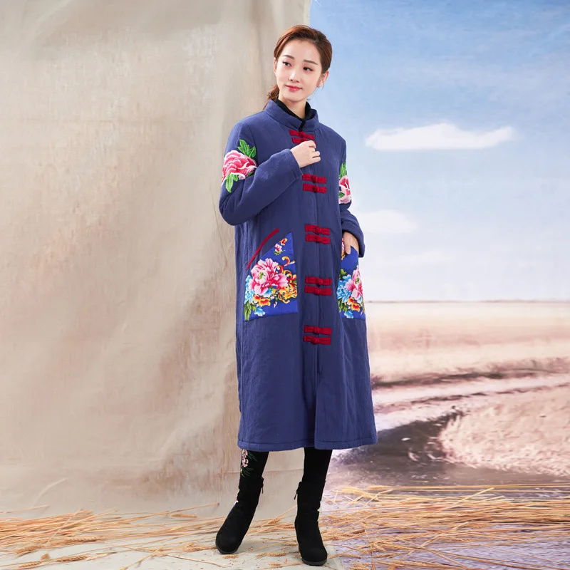 

2019 National Wind WOMEN'S Dress Fall And Winter Clothes Retro Chinese Style Cotton-padded Jacket Chinese-style Printed Mid-leng
