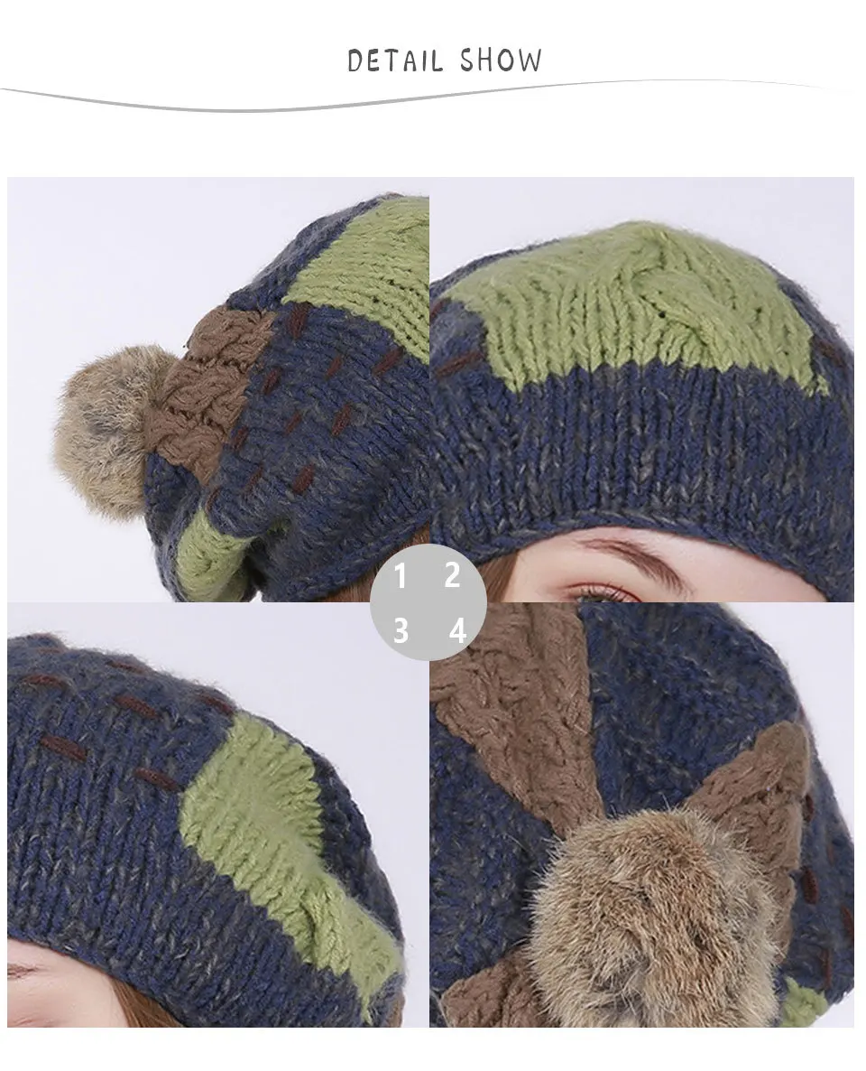 RITOPER 2018 шерсть ручное ткачество вязаные шапочки шапки Для женщин модные зимние теплые Ретро помпоном кролик волос вышитая нашивка Новый