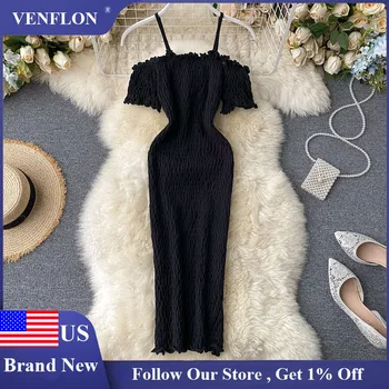 

VENFLON Women 2020 Knitted Dress Elastic Waist Slim Bodycon Sundress Summer Slash Neck Sleeveless Retro Party Sexy Midi Dress