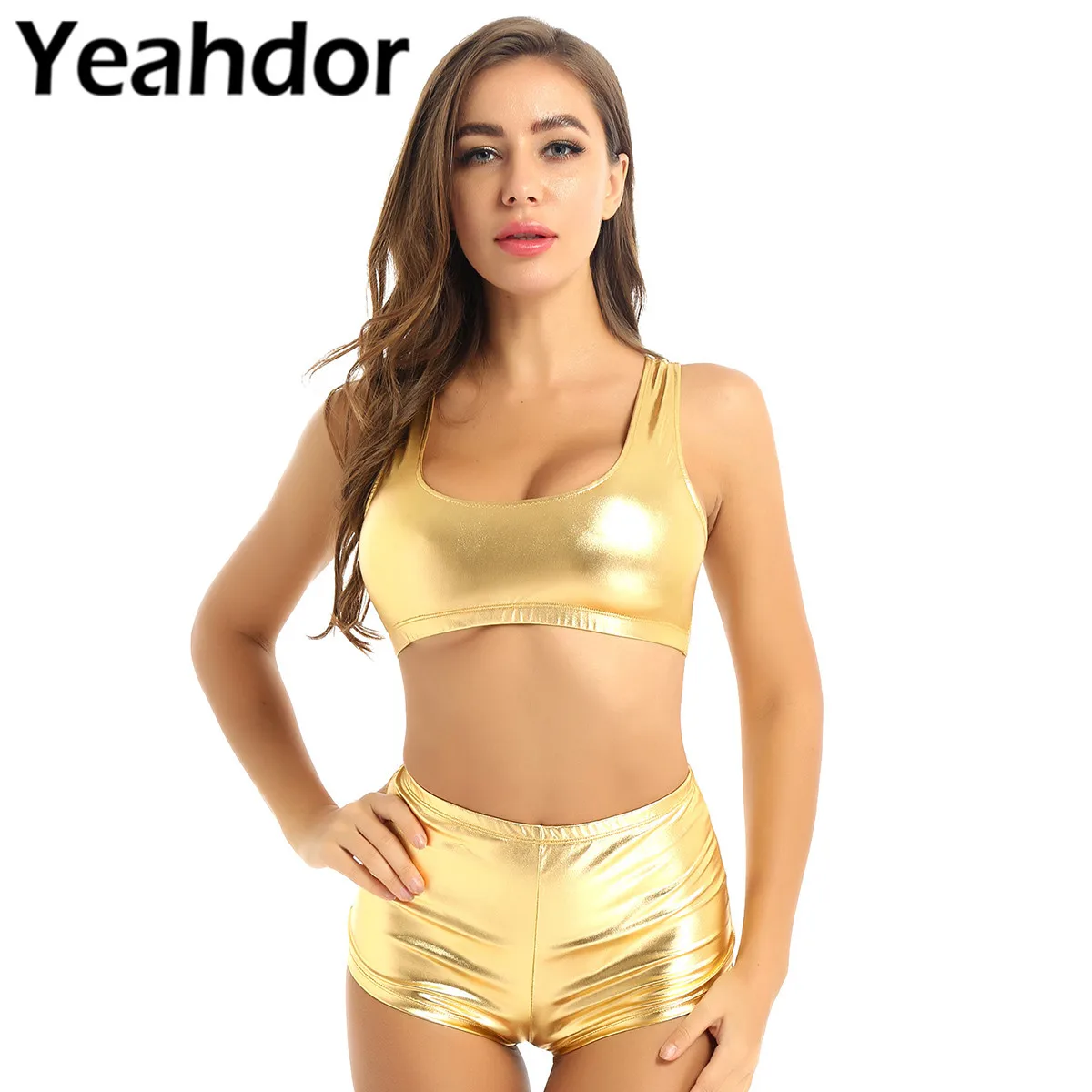 Women Crop Tops Shiny Metallic U Neck 