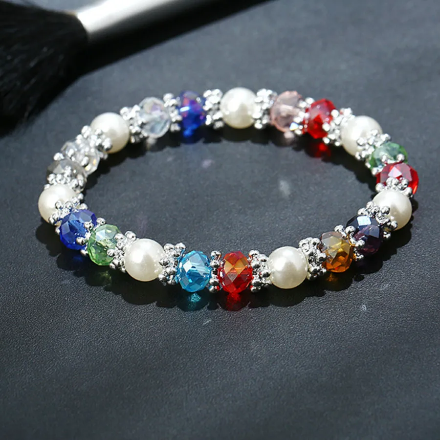 

Women's Crystal Bracelet Strings Shiny Colorful Rhinestones Imitation Pearl Rainbow Bracelet Woman Engagement Party Jewelry Gift