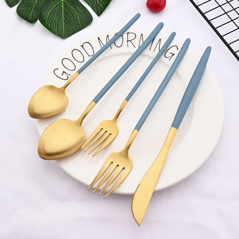 1/2/4/6Set Dinnerware Cutlery Set Matte Blue Gold Dinner Knife Dessert Fork Spoon 18/10 Stainless Steel Flatware Tableware Set