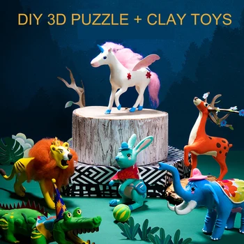 

DIY Puzzle Handmade Jigsaw Toy Dinosaur Elephant Animal Model Toy Puzzle + Clay Toy Ultra Light Mud Color Mud Educational toys