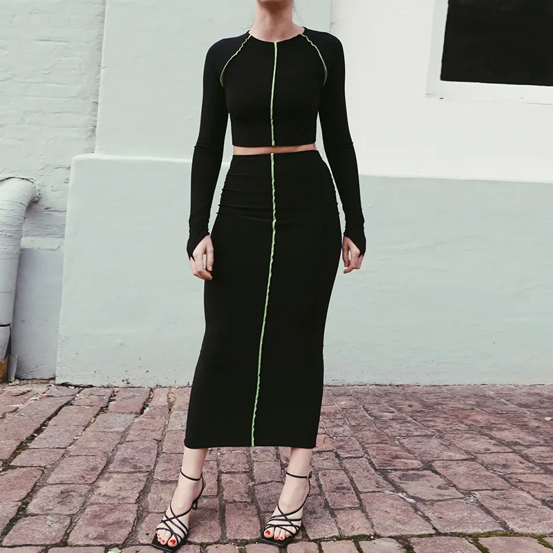 

Gothic Black 2020 Spring New O-Neck Long Sleeve Splice Line Skinny Crop Tops And High Waist Dark Bodycon Long Skirts 2 Piece Set