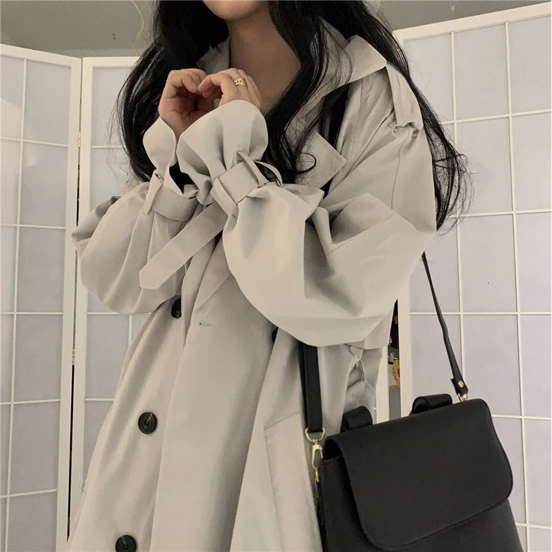 Women Trench Double Breasted Long Style Coats Korean Turn Down Collar Belt Long Female Windbreaker Casual Ladies Autumn Overcoat