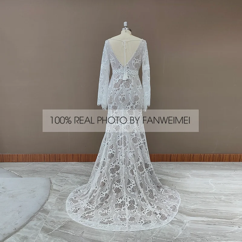 803#2021 New Design Long Lantern Sleeve Empire V-Neck Backless Small Train Beauty Backless Lace Boho Beach Wedding Dresses Women modest wedding dresses