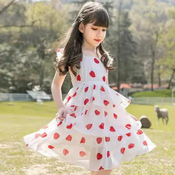 

Korean Style New Arrival Girls Kids Children Chiffon Heart Love Printed Cake Dress Multi-layer Cupcake Dress Summer Breathable