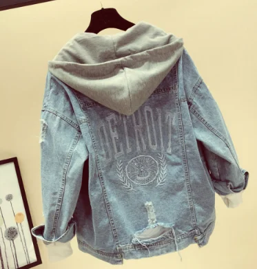 Джинсовая куртка для женщин, осеннее пальто, рваная верхняя одежда с капюшоном, пальто, ветровка, базовая, мешковатая, бойфренд, женский джинсовый жакет - Цвет: Темно-серый
