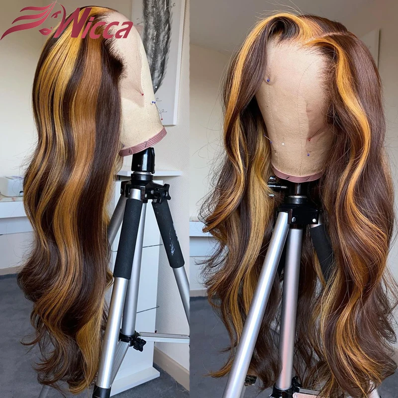 

Brown Blond Lace Front Human Hair Wig 180% Ombre Highlights Color Body Wave Pre Plucked Brazilian Lace Frontal Wigs For Women