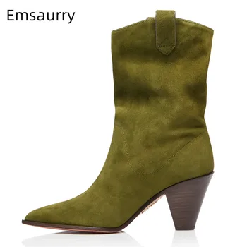 

Green Suede Boots Women Casual Slip On Botas Retro Old Color High Cone Heel Party Bottes Pointy Toe Pleated Fashion Boots Woman