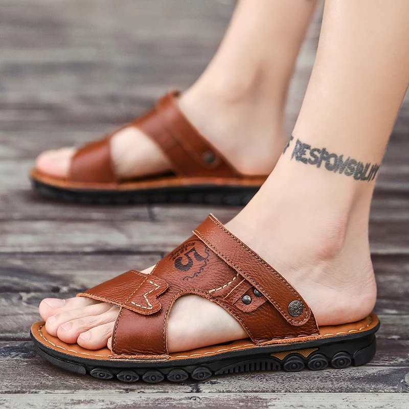 

Men's sandals slippers Cowhide Genuine leather beach shoes men's trend casual men's non-slip Two Uses sandals