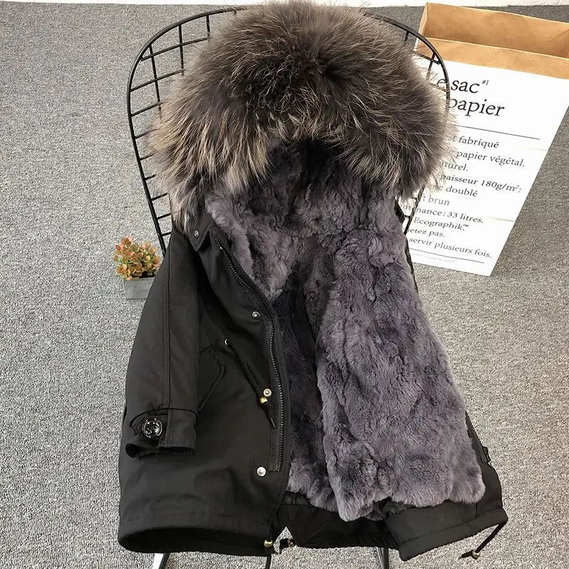 Black Gray Fur Пальто с кроличьим мехом для девочек детские куртки с натуральным мехом теплые парки с капюшоном для маленьких девочек зимнее пальто для девочек и мальчиков утепленные детские зимние костюмы - Цвет: Black Gray Fur