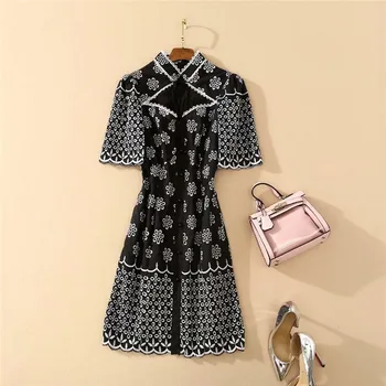 

High Quality Runway Dress Designer Summer Clothes Women Stand Neck Hollow Out Embroidery Vintage Holiday Dress Casual Vestidos