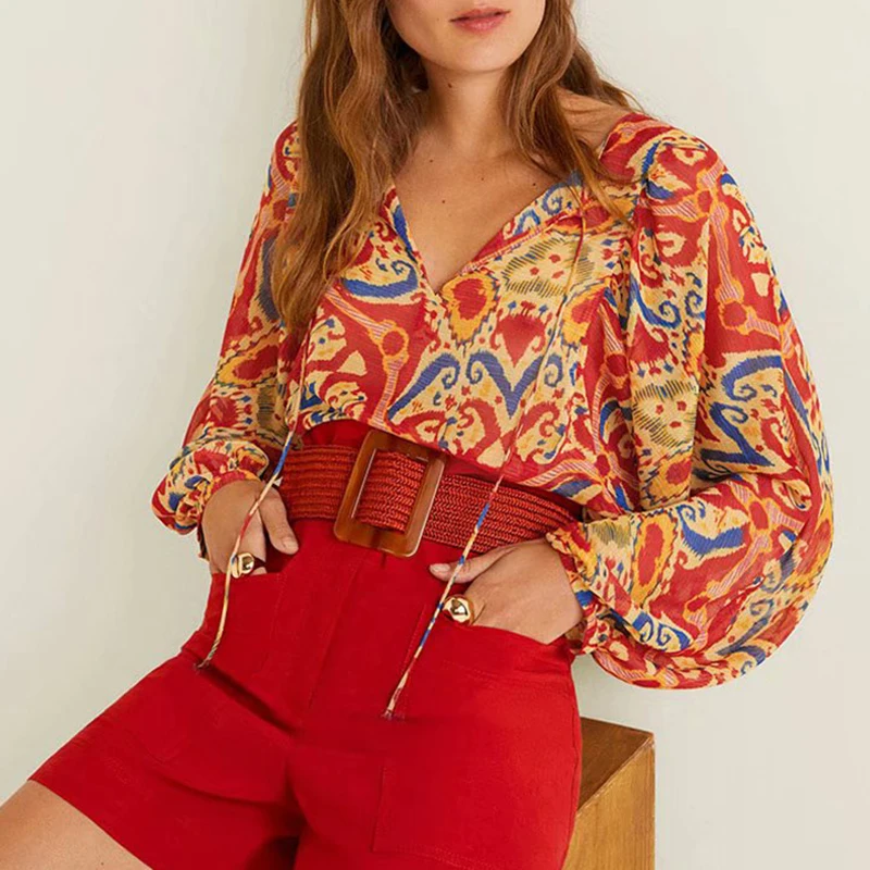 Bella Philosophy/Женская Осенняя блузка с длинными рукавами, рубашки с цветочным принтом в винтажном стиле, женская блуза на шнуровке, уличные женские свободные v-образные вырезы