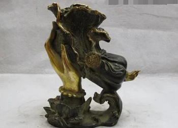 

zmrui wholesale factory China Classic Bronze Gilt lotus flower Guan Yin Hand Hold wealth cabbage Statue 25% off
