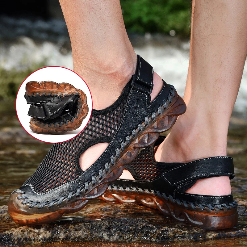 2020 Summer New Sandals Men Breathable Mesh With Hole Cow Leather Shoes Male Comfortable Soft Translucent Sole Men's Casual Shoe 2020 Summer New Sandals Men Breathable Mesh With Hole Cow Leather Shoes Male Comfortable Soft Translucent Sole Men's Casual Shoe