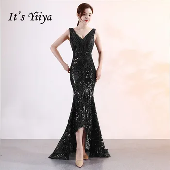 

Black Evening Dress It's Yiiya DX371 Shiny V-neck Sequined Robe De Soiree Sleeveless Elegant Mermaid vestidos de fiesta