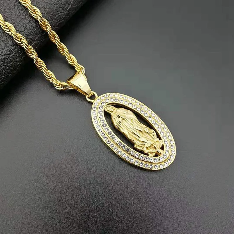 В стиле хип-хоп Bling льдом Стразы Золотой Цвет нержавеющая сталь Девы Марии