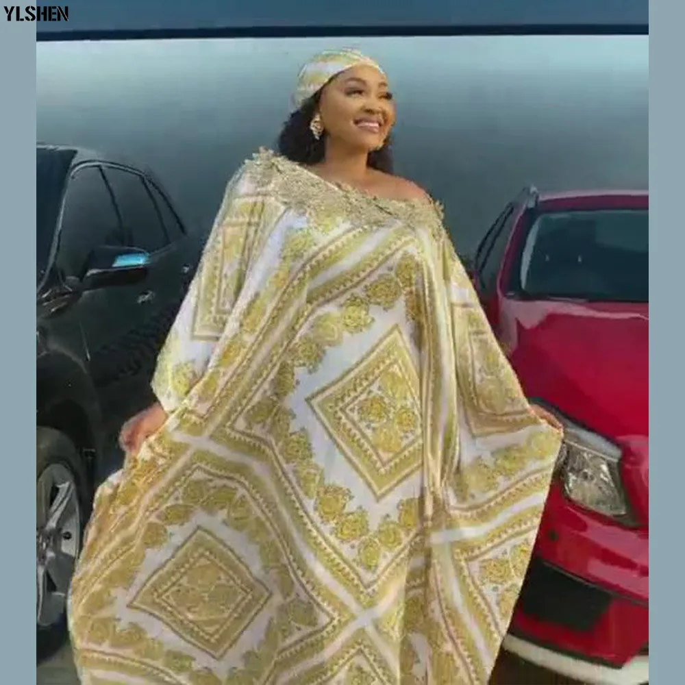 Plus Size African Maxi Dress Women Clothes Summer Dashiki Silk Print Sloping Shoulder Robe Boubou Africaine 06