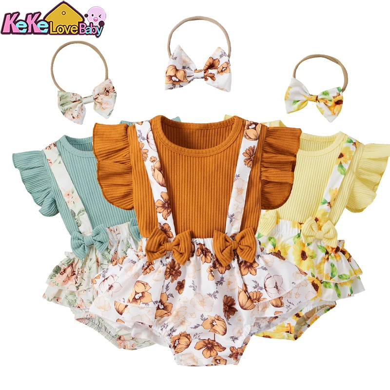 

Newborn Baby Girl Clothes Set Fashion Knit Ruffle Tops Shorts Headband Summer 3Pcs Outfit Overall For New Born Infant Clothing