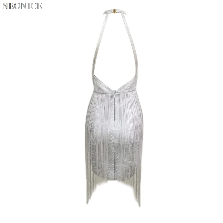Женское эластичное Бандажное Платье облегающее для ночного клуба светская львица для дня рождения рождественской вечеринки модное сексуальное платье для отдыха с серебряными кисточками и открытой спиной