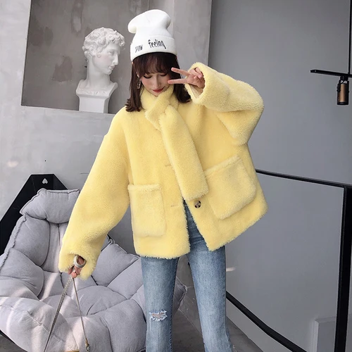 beige Плюшевое Женское пальто из искусственного меха, зимняя теплая однобортная Меховая куртка с воротником-шарфом, теплая плотная зимняя одежда - Цвет: beige