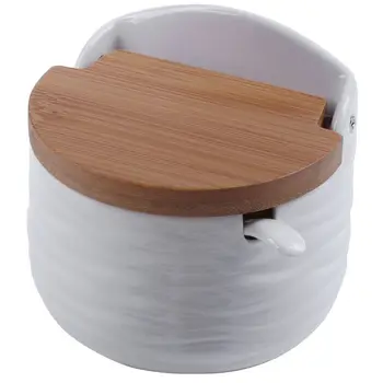 

Sugar Bowl, Ceramic Sugar Bowl with Sugar Spoon and Bamboo Lid for Home and Kitchen - Modern Design, White, 8.58 FL OZ (254 ML)
