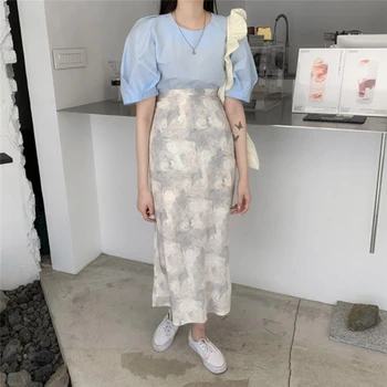 

women summer two piece set skirt korean style short sleeve o-neck ladies tops and high waist floral print long skirt elegant