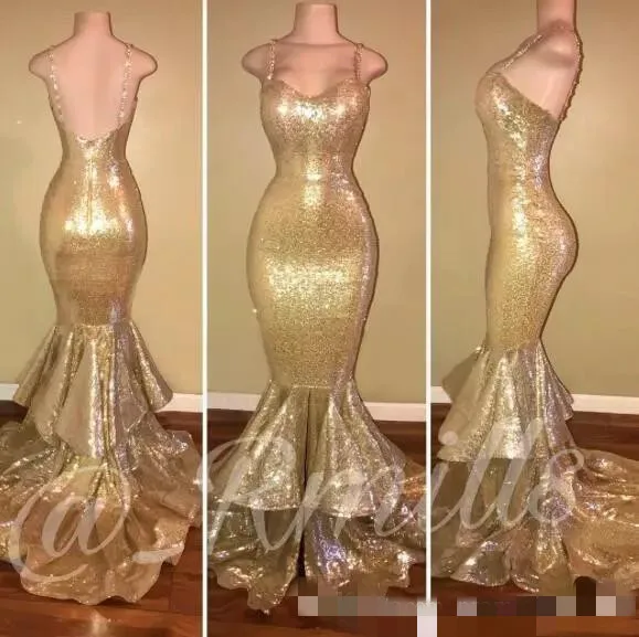 

Bling Gold Sequins Mermaid Prom Dresses 2018 Spaghetti Straps Ruffles Backless Evening Gowns Long Formal Party Dresses