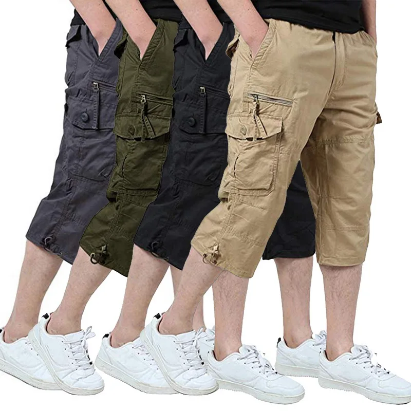 Мужские брюки карго, мужские повседневные укороченные брюки, мужские свободные укороченные брюки с несколькими карманами, мужские спортивные короткие штаны