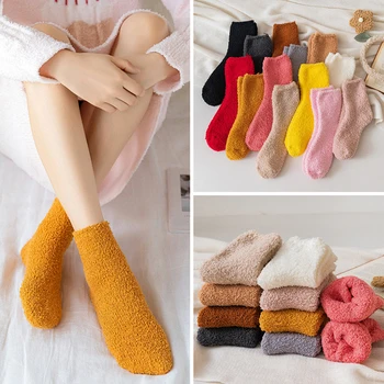 

Candy Colors Elastic Mid-Calf Length Socks Coral Fleece Short Socks Women Sweet Girls Autumn Winter Soft Comfortable Floor Socks