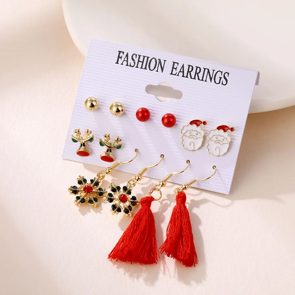 Winter Pearl Tassel Christmas Earring Set Fashion Snowflake Tree Geometric Alloy Earrings Female Child Christmas Jewelry серьги