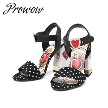 

Prowow New 2020 Spring Summer White Small Dot Heart Shaped Deco Summer Sandals Open Toe Buckle Strap HIgh Heel Sandals Shoes