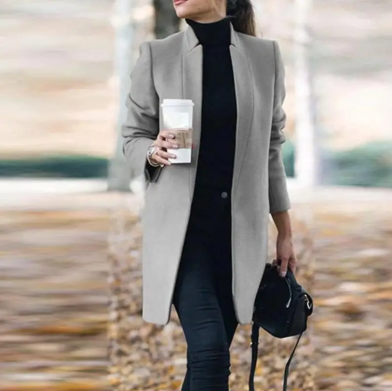 Женское шерстяное пальто с длинным рукавом, шерстяное длинное пальто, Осень-зима, офисное женское однотонное тонкое пальто с отворотом, верхняя одежда Abrigo Mujer - Цвет: Серый