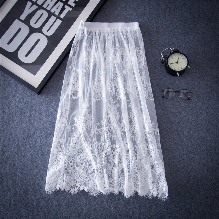 

19 New Arrival Summer Mid-length Transparent Skirt Slim Fit Slimming Versatile Black Lace Hollow out Base Skirt