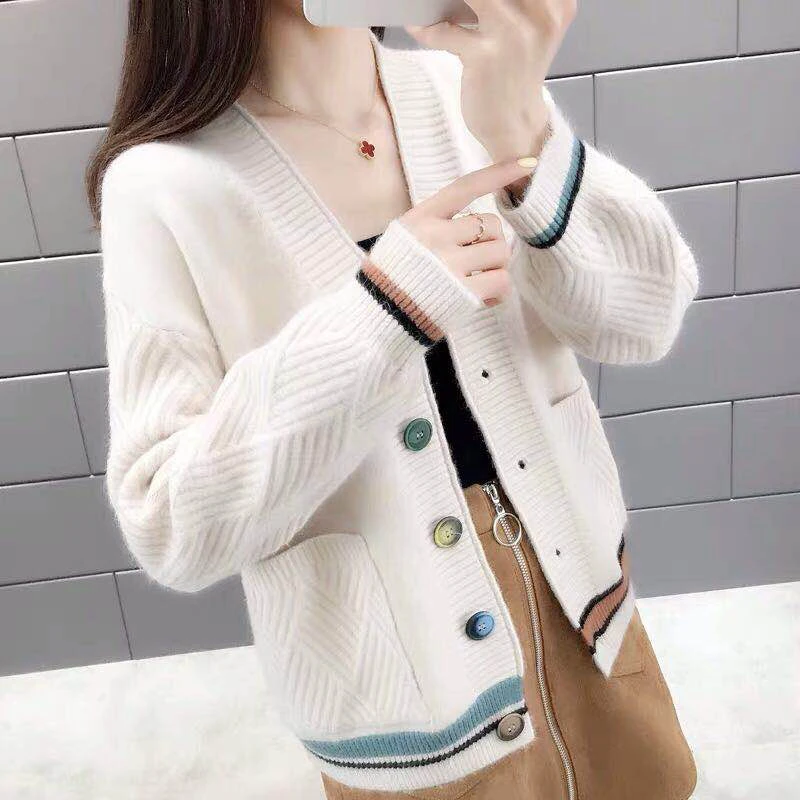 H han queen Single-breasted Jacket Knitted Cardigan Sweater Women Autumn Clothing Sweater Pocket Cardigan for Female Coat - Color: white