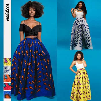 

2020 Fashion African Women Skirt Summer Skirts Feather Digital Printing Floor-Length Elegant Vestidos High Waist Vintage Skirts