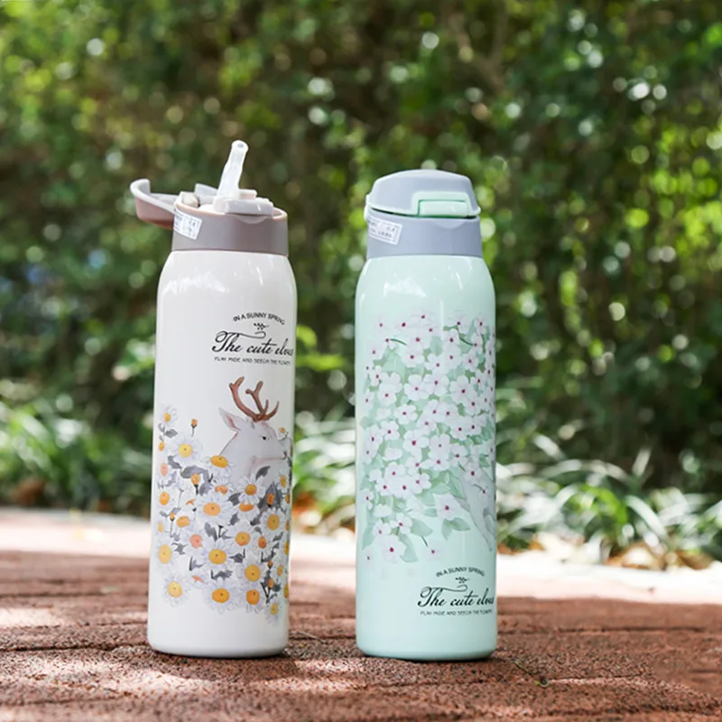 

New Style Stainless Steel Thermos Mug With Straw Bouncing Cover Vacuum Flasks Travel Thermal Water Bottler Thermocup