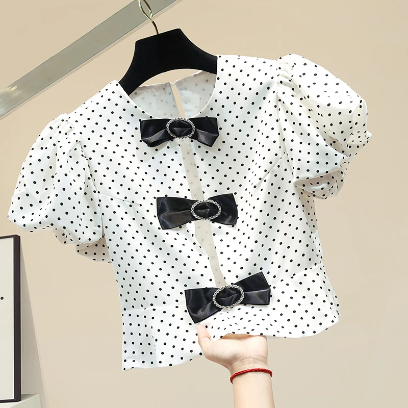 

Polka Dot Short Bow Chiffon Shirt Female Summer Short Sleeve Blouse Crop Top Ladies Slim Shirts Blouses Blusas Mujer Nancylim