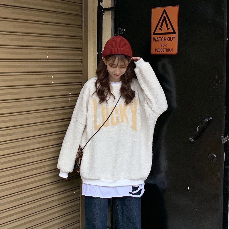 Поддельные двухсекционные Ulzzang из овечьей шерсти женские зимние новые корейские ins Harajuku винтажные свободные шикарные повседневные женские толстовки с надписью Lucky