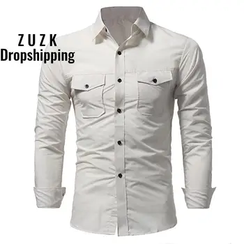 

Dropshipping Pure color men's shirts with two pockets casual young man tops UK style boys Slim fit M-3XLfree shipping