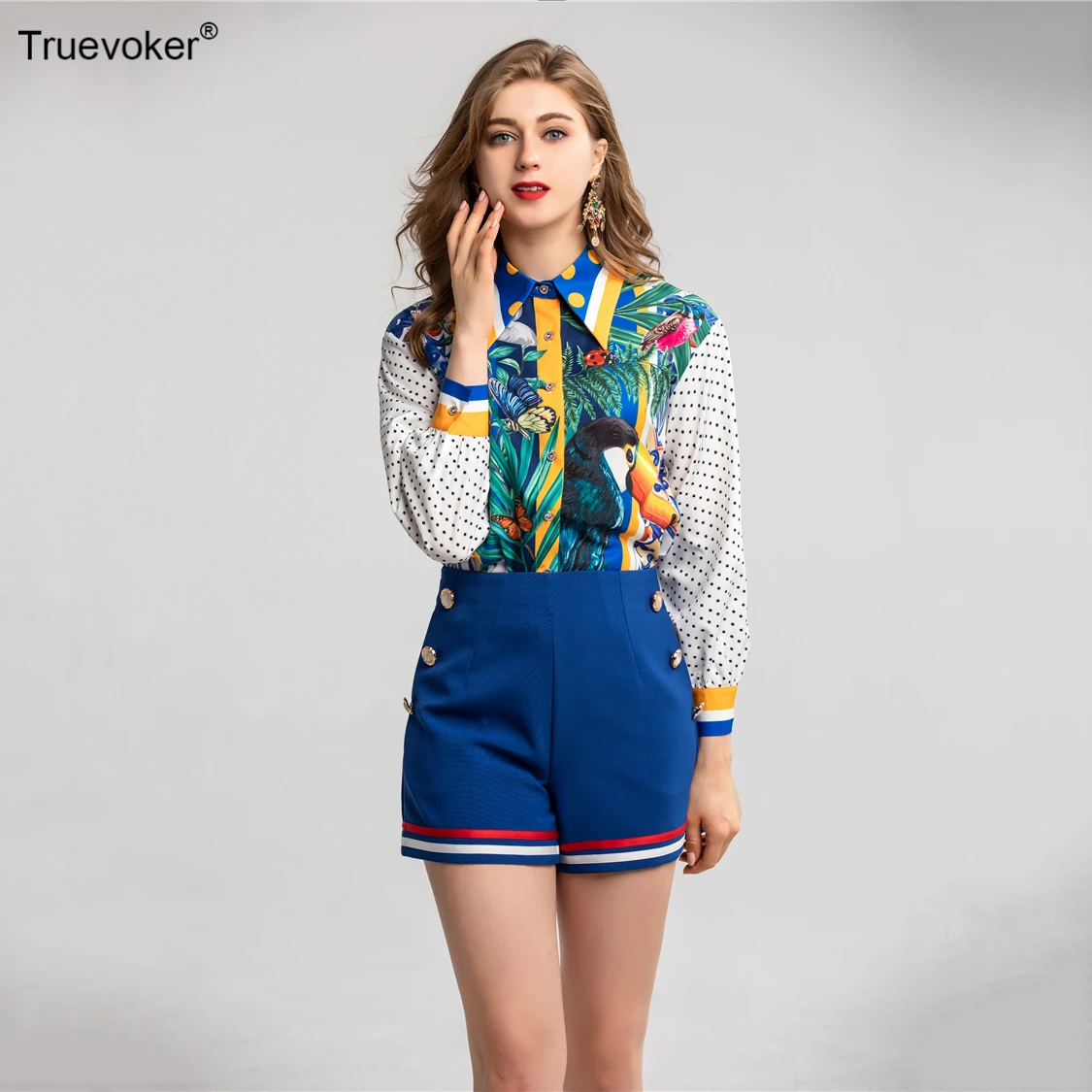 Truevoker, дизайнерский костюм, комплект, женские блузки с длинным рукавом и цветными принтами животных+ шорты, весенний комплект одежды для отдыха и отдыха