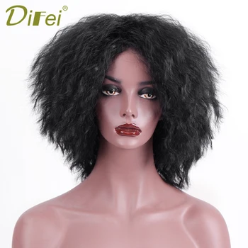 

DIFEI Short Black Fluffy Afro Wig for Women Heat Resistant Synthetic African American Yaki Straight Wig Cospaly Hair