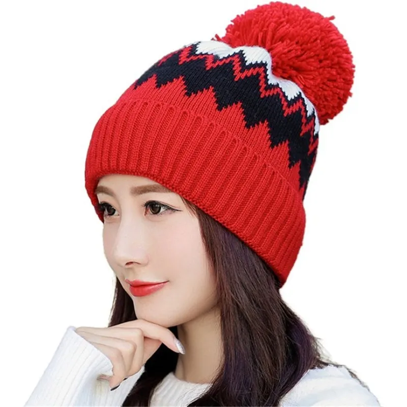 

Women Kinited Hat Female Cap Sweater Hats Christmas Cap Holiday Hats Ladies Patchwork Caps Casual Hat Party Club Cap Pom Pom Hat