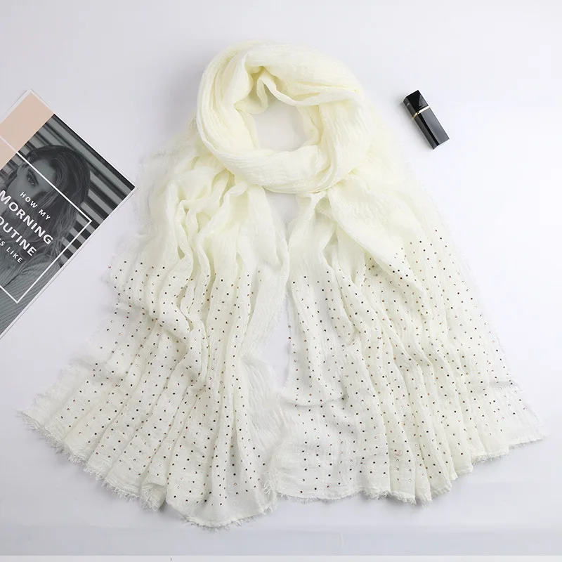 3 beige white Простой цвет пузырь хлопок макси мусульманский женский хиджаб тюрбан золотые бриллианты оголовье бахрома края платок длинные шали 180X100 см - Цвет: 3 beige white