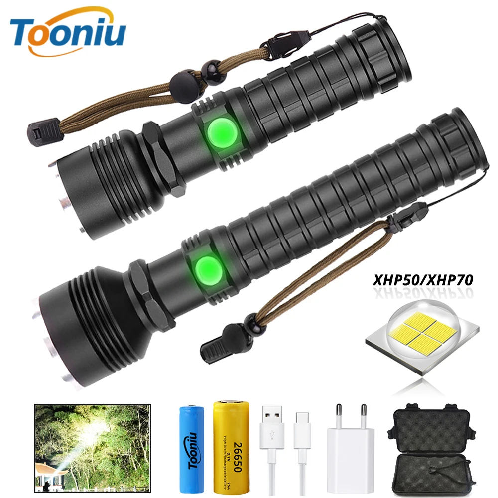 

Powerful XHP70 LED Flashlight Waterproof LED Torch Support zoom 5 lighting modes Powered by 18650 or 26650 battery For outdoor