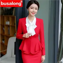 Осень, красный женский костюм, платье с длинным рукавом и оборками, комплект из двух предметов, деловой офисный Женский комплект одежды, пиджак и юбка