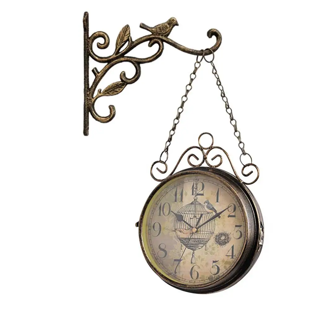 3D винтажные настенные часы Ретро двухсторонний простой тихий кварцевый настенные часы Круглый из кованого железа часы для украшения гостиной - Цвет: A